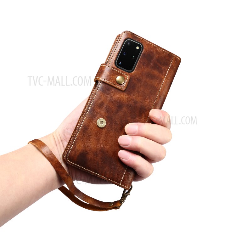 Finger Grip Holder Genuine Leather Wallet Cell Phone Cover for Samsung Galaxy S20 Plus - Brown-5