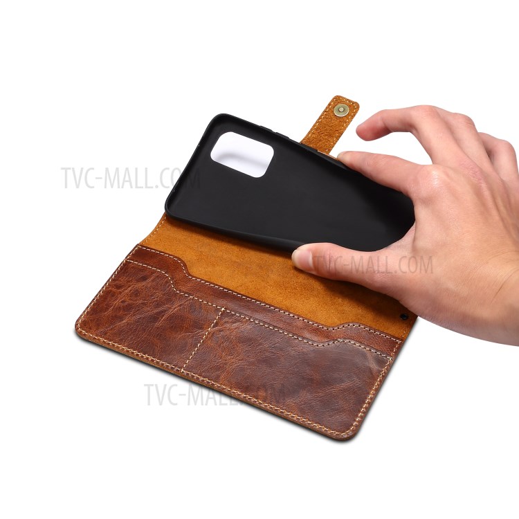 Finger Grip Holder Genuine Leather Wallet Cell Phone Cover for Samsung Galaxy S20 Plus - Brown-6