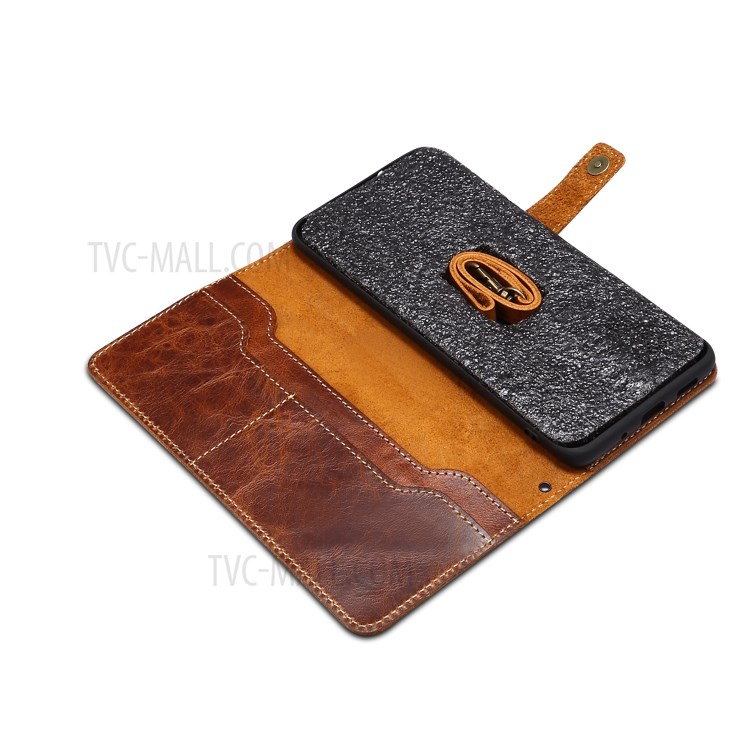 Finger Grip Holder Genuine Leather Wallet Cell Phone Cover for Samsung Galaxy S20 Plus - Brown-7