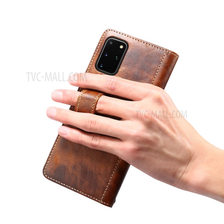 Finger Grip Holder Genuine Leather Wallet Cell Phone Cover for Samsung Galaxy S20 Plus - Brown-9