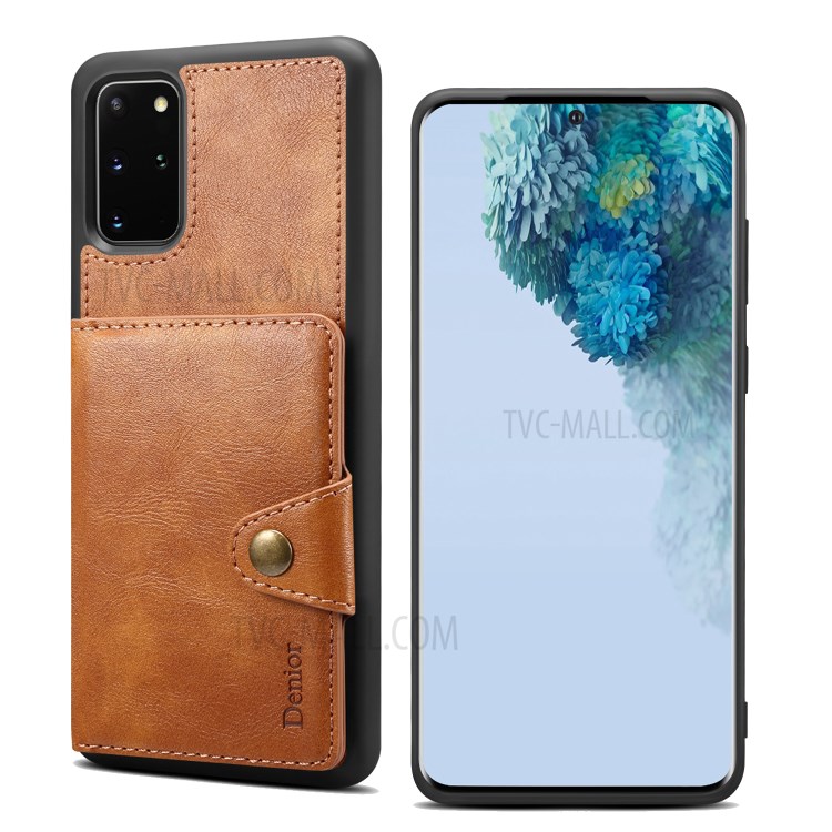 DENIOR Card Holder Kickstand Leather Coated TPU Case for Samsung Galaxy S20 Plus - Brown-1
