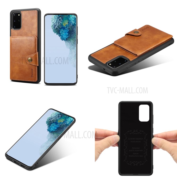 DENIOR Card Holder Kickstand Leather Coated TPU Case for Samsung Galaxy S20 Plus - Brown-2