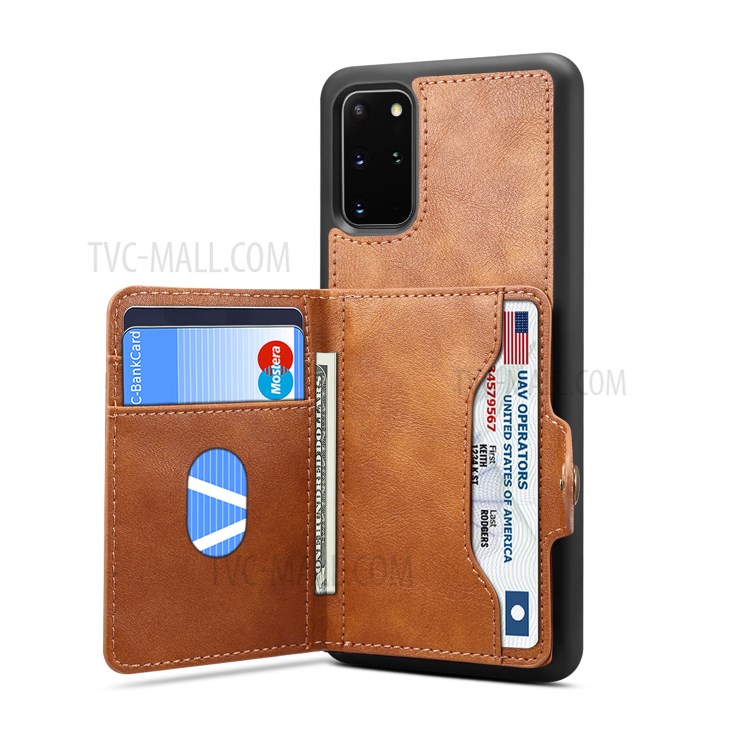 DENIOR Card Holder Kickstand Leather Coated TPU Case for Samsung Galaxy S20 Plus - Brown-4