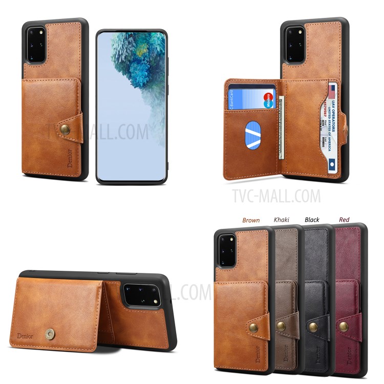 DENIOR Card Holder Kickstand Leather Coated TPU Case for Samsung Galaxy S20 Plus - Brown-9