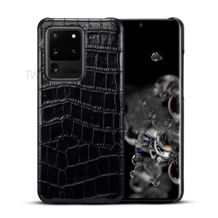 Crocodile Texture Genuine Leather Coated Plastic Phone Case for Samsung Galaxy S20 Ultra - Black-1