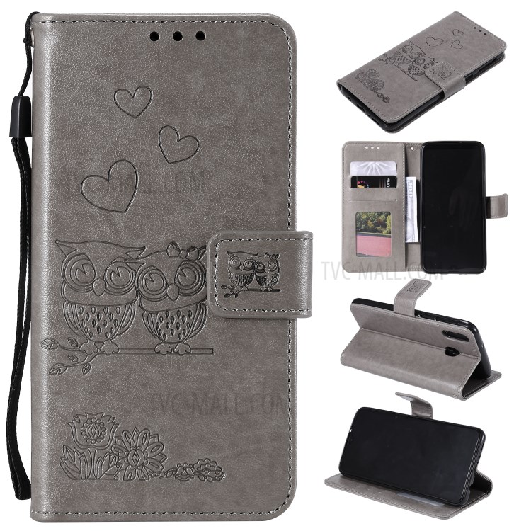 Imprinted Flower Owl Leather Phone Protective Case for Samsung Galaxy A70e - Grey-1