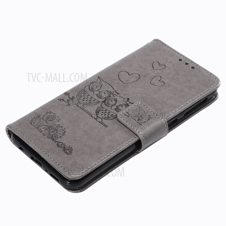 Imprinted Flower Owl Leather Phone Protective Case for Samsung Galaxy A70e - Grey-7