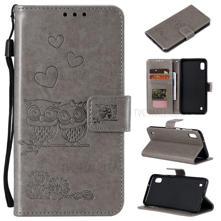 Imprint Owls Pattern Wallet Stand Leather Case Protective Cover for Samsung Galaxy A01 - Grey-1