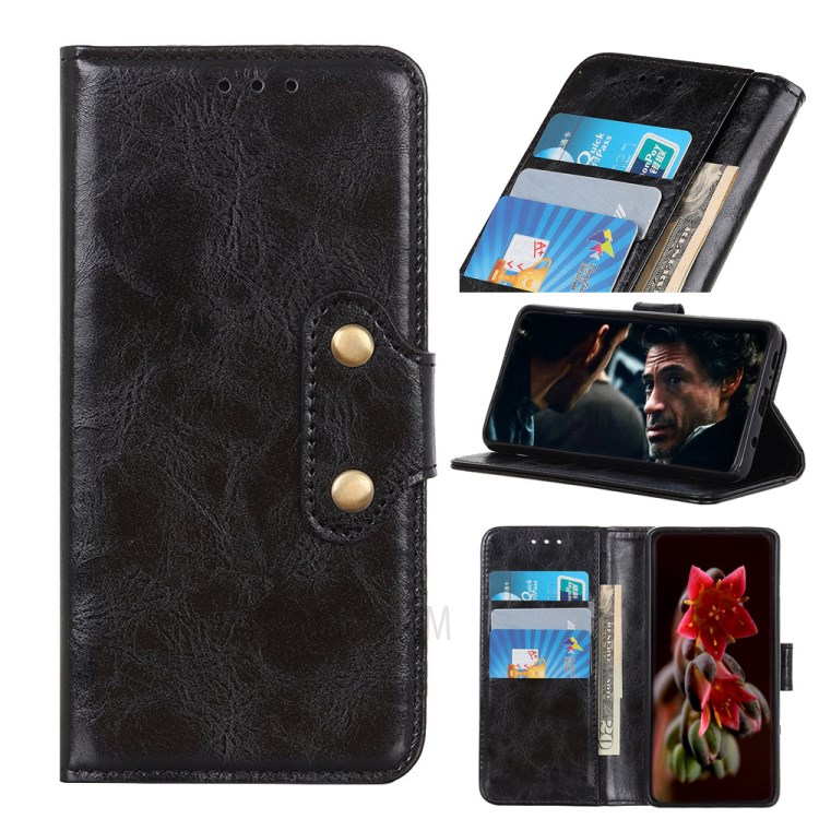 Double Buckles Crazy Horse Leather Wallet Case for Samsung Galaxy A41 - Black-1