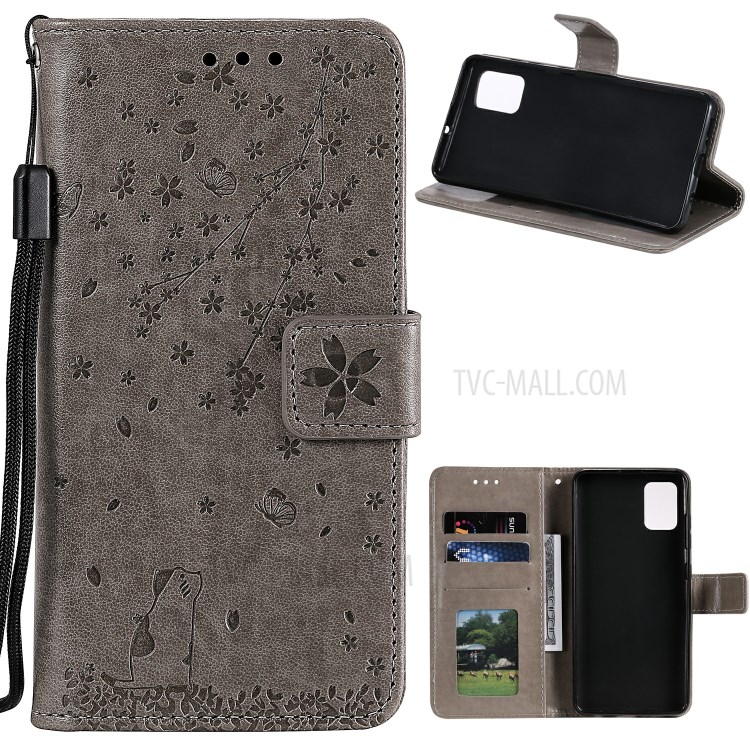 Imprint Flower and Cat Wallet Phone Flip Leather Shell for Samsung Galaxy A91/S10 Lite - Grey-1