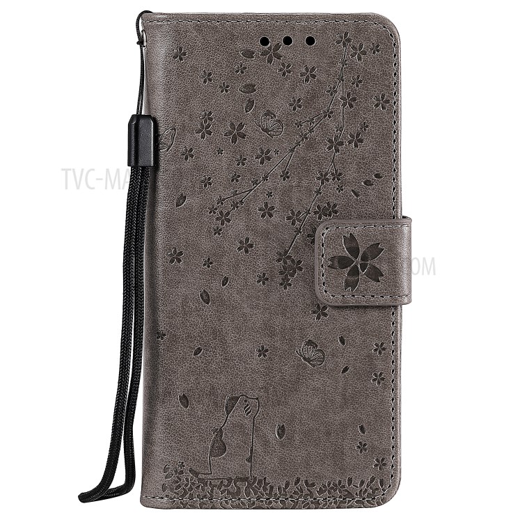 Imprint Flower and Cat Wallet Phone Flip Leather Shell for Samsung Galaxy A91/S10 Lite - Grey-2