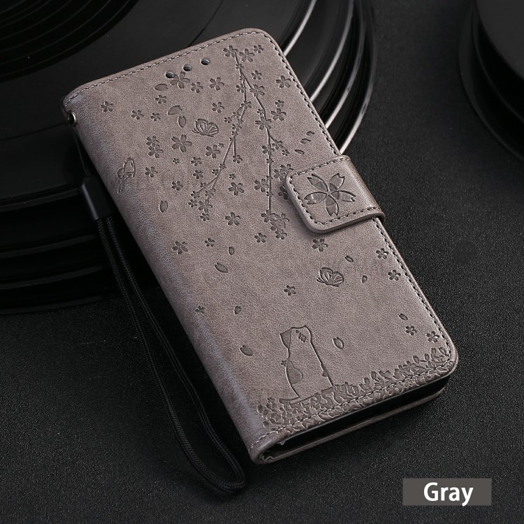 Imprint Flower and Cat Wallet Phone Flip Leather Shell for Samsung Galaxy A91/S10 Lite - Grey-7