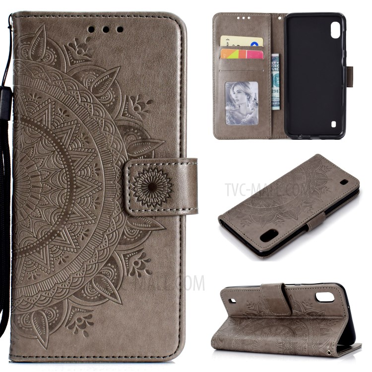 Imprint Flower Leather Wallet Phone Cover for Samsung Galaxy A01 - Grey-1