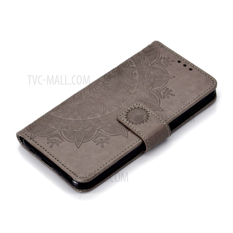 Imprint Flower Leather Wallet Phone Cover for Samsung Galaxy A01 - Grey-7