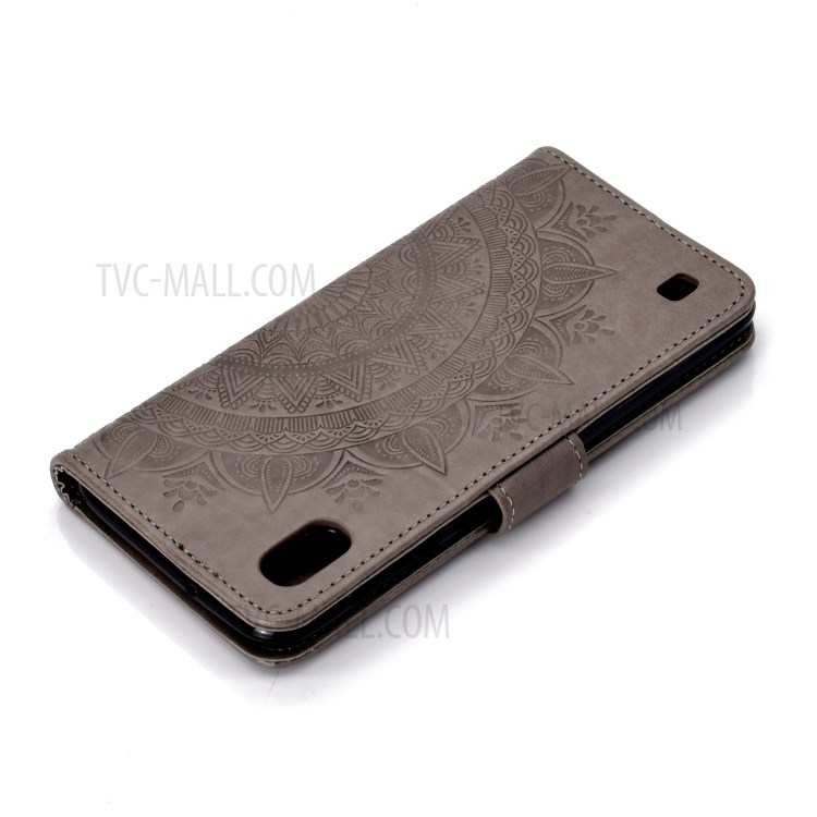 Imprint Flower Leather Wallet Phone Cover for Samsung Galaxy A01 - Grey-8