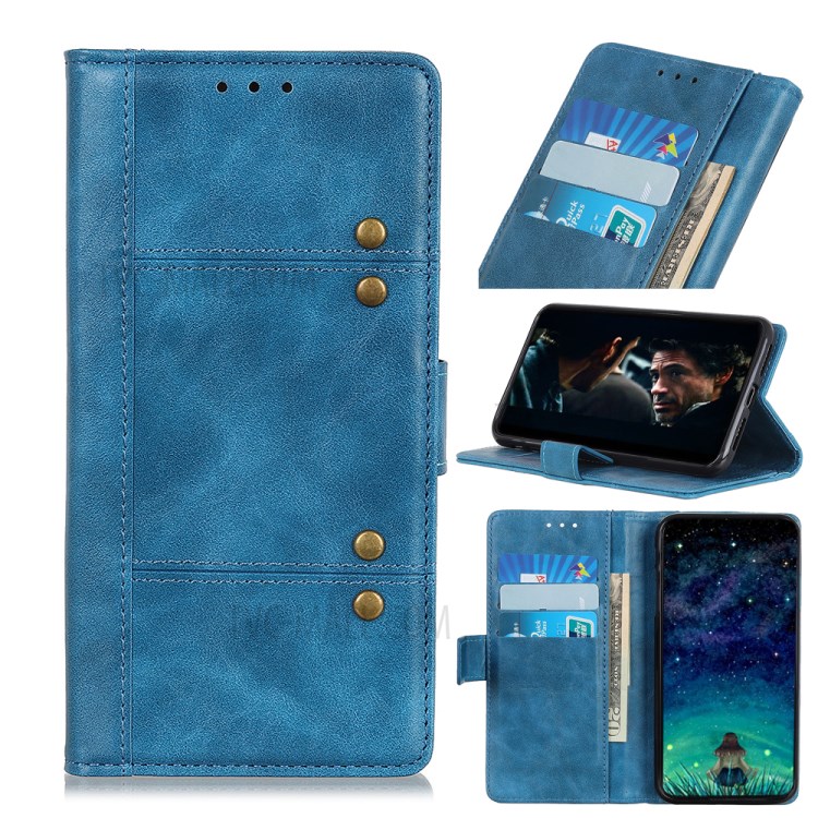 Decoração Rebite Carteira De Couro Caso, A Proteção Magnética Para Samsung Galaxy A11 - Azul-1