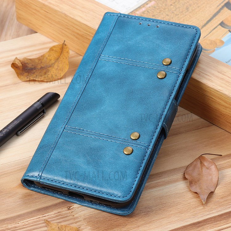 Decoração Rebite Carteira De Couro Caso, A Proteção Magnética Para Samsung Galaxy A11 - Azul-4