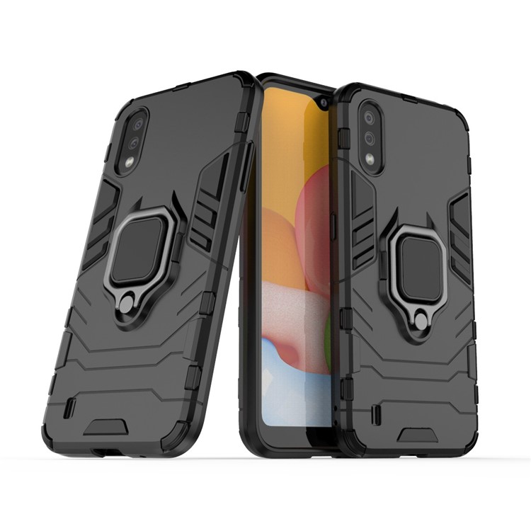 With Ring Holder Kickstand PC TPU Shell for Samsung Galaxy A01 - Black-1