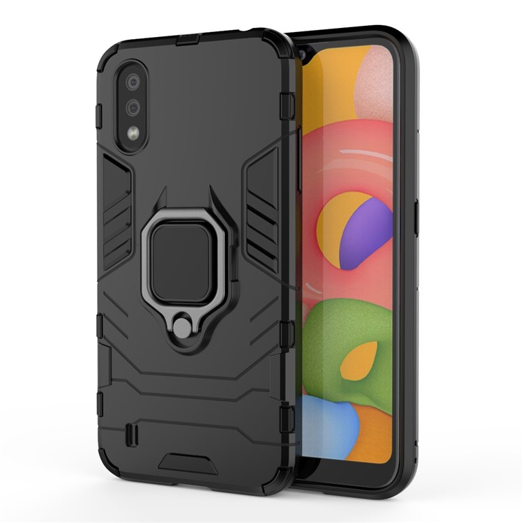 With Ring Holder Kickstand PC TPU Shell for Samsung Galaxy A01 - Black-2