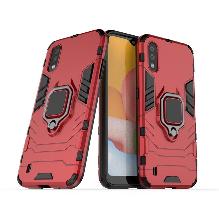 With Ring Holder Kickstand PC TPU Shell for Samsung Galaxy A01 - Red-1