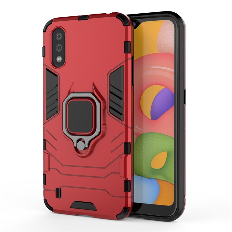 With Ring Holder Kickstand PC TPU Shell for Samsung Galaxy A01 - Red-2