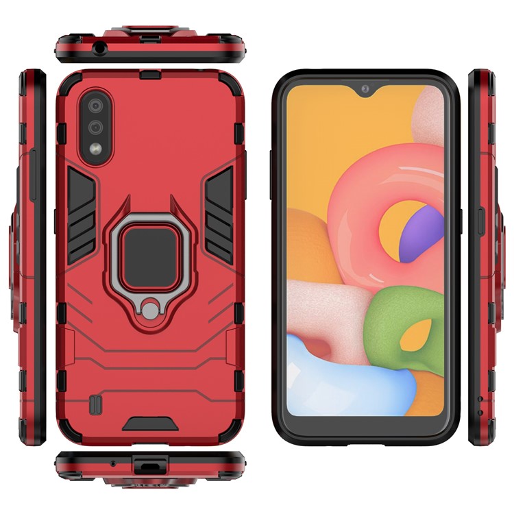 With Ring Holder Kickstand PC TPU Shell for Samsung Galaxy A01 - Red-3