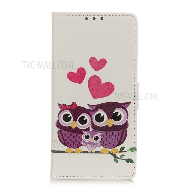 Printing Surface PU Leather with Wallet Covering for Samsung Galaxy A70e - Owls and Hearts-1