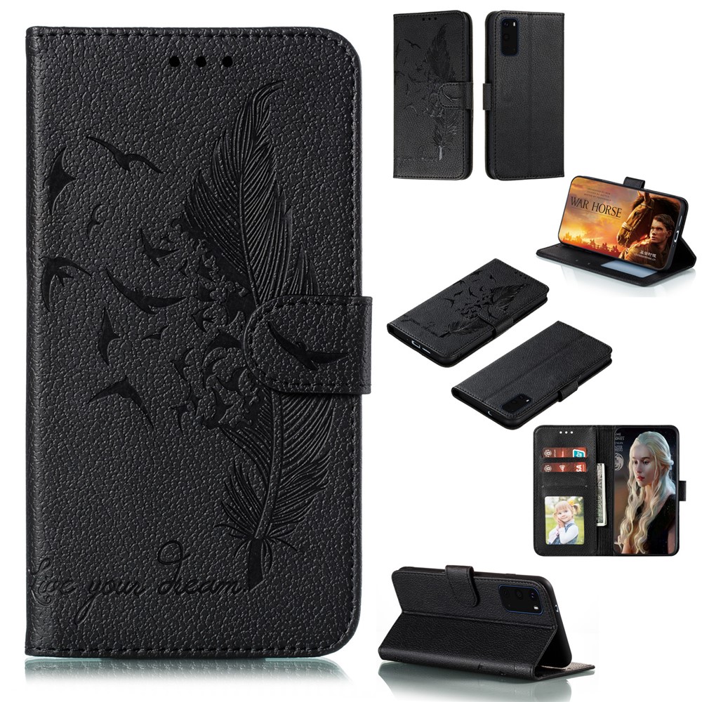 Imprint Feather Pattern Leather Wallet Case for Samsung Galaxy S20 - Black-1