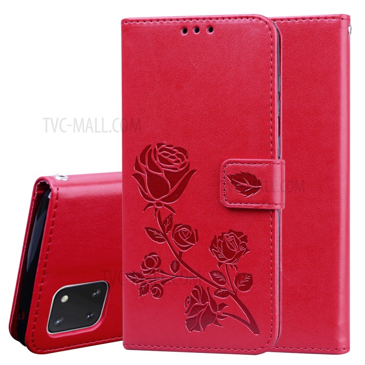 Imprint Rose Flower PU Leather Wallet Phone Shell for Samsung Galaxy A81/Note 10 Lite - Red