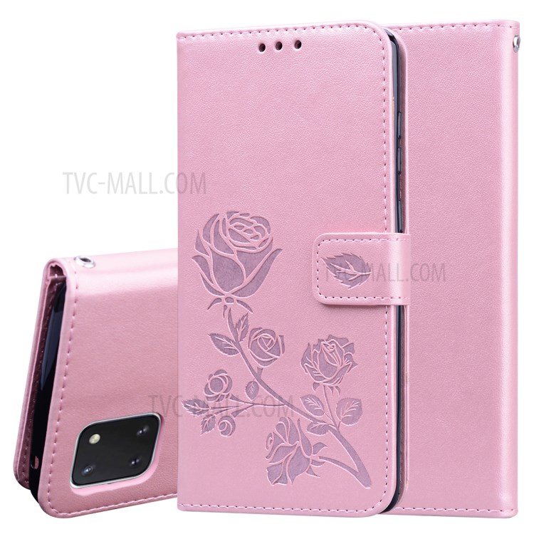 Imprint Rose Flower PU Leather Wallet Phone Shell for Samsung Galaxy A81/Note 10 Lite - Pink-1