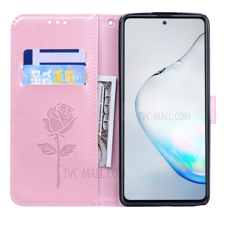 Imprint Rose Flower PU Leather Wallet Phone Shell for Samsung Galaxy A81/Note 10 Lite - Pink-6