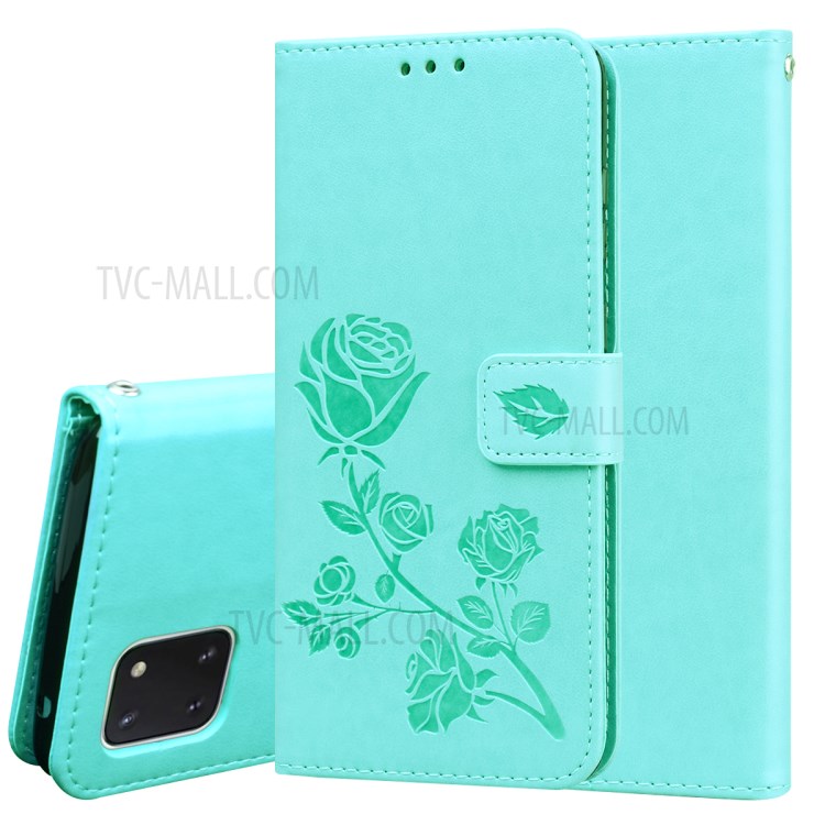 Imprint Rose Flower PU Leather Wallet Phone Shell for Samsung Galaxy A81/Note 10 Lite - Cyan-1