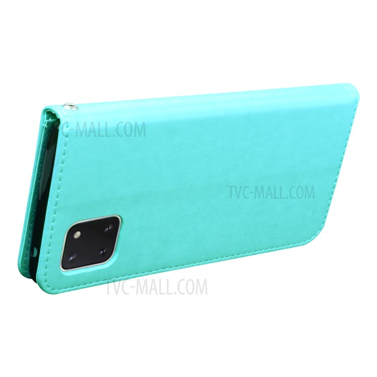 Imprint Rose Flower PU Leather Wallet Phone Shell for Samsung Galaxy A81/Note 10 Lite - Cyan-2