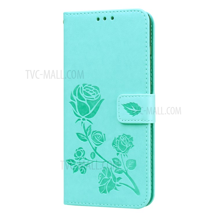 Imprint Rose Flower PU Leather Wallet Phone Shell for Samsung Galaxy A81/Note 10 Lite - Cyan-3