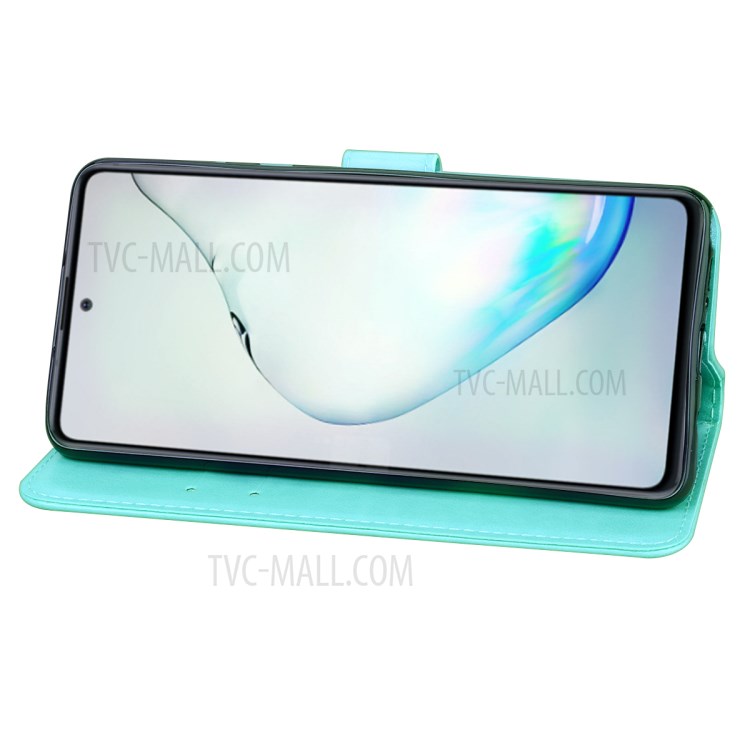 Imprint Rose Flower PU Leather Wallet Phone Shell for Samsung Galaxy A81/Note 10 Lite - Cyan-5