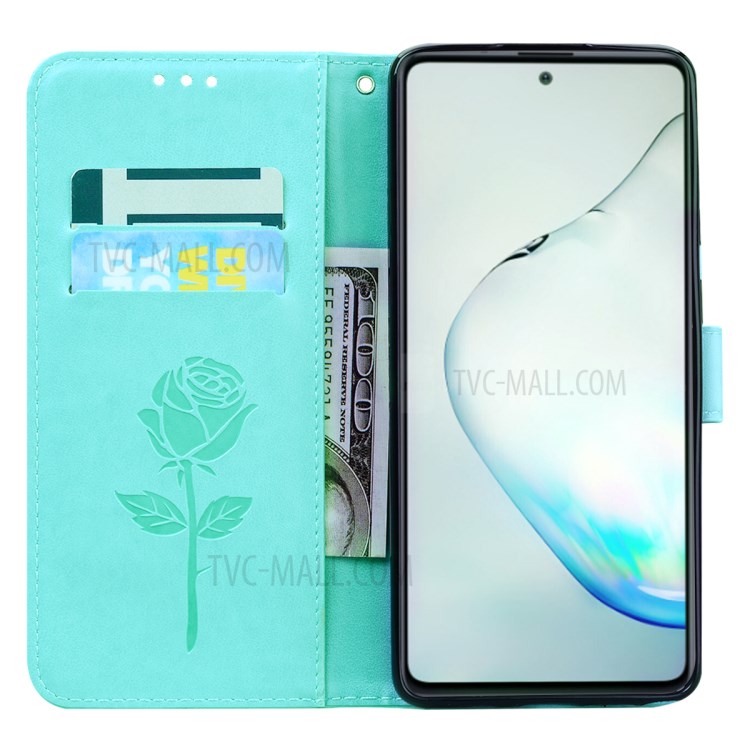 Imprint Rose Flower PU Leather Wallet Phone Shell for Samsung Galaxy A81/Note 10 Lite - Cyan-6