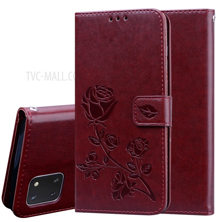 Imprint Rose Flower PU Leather Wallet Phone Shell for Samsung Galaxy A81/Note 10 Lite - Brown-1