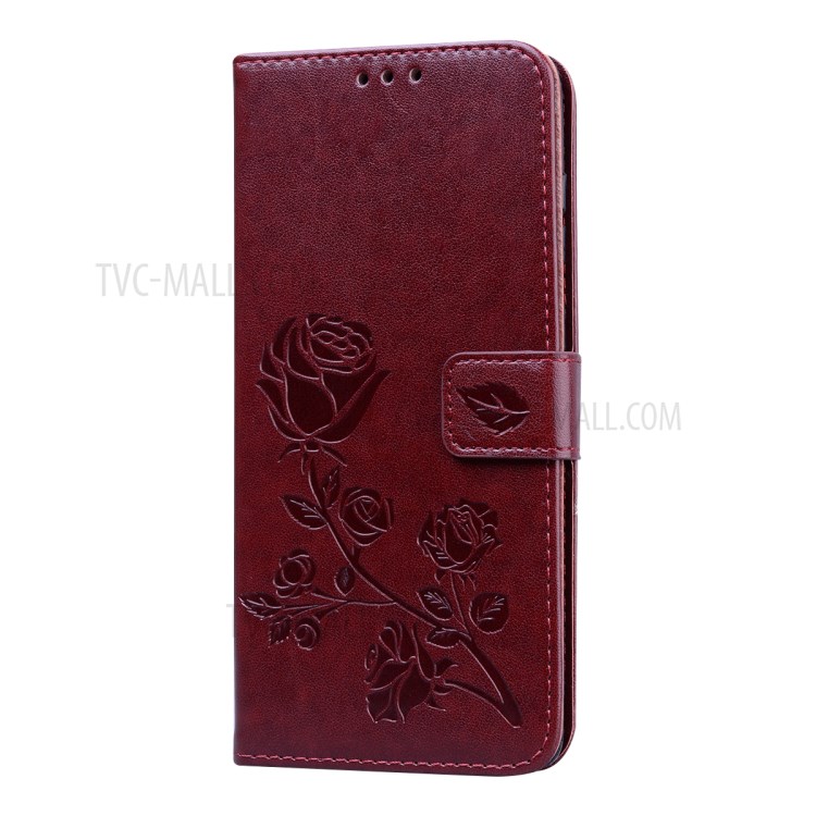 Imprint Rose Flower PU Leather Wallet Phone Shell for Samsung Galaxy A81/Note 10 Lite - Brown-3