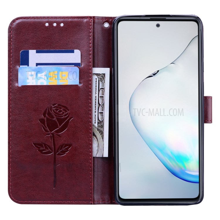 Imprint Rose Flower PU Leather Wallet Phone Shell for Samsung Galaxy A81/Note 10 Lite - Brown-6