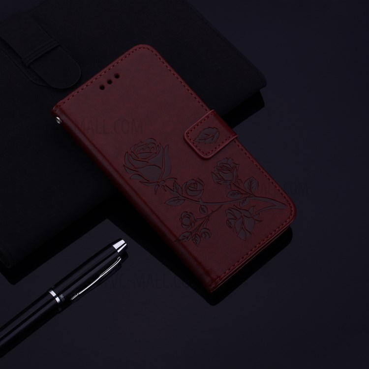 Imprint Rose Flower PU Leather Wallet Phone Shell for Samsung Galaxy A81/Note 10 Lite - Brown-7