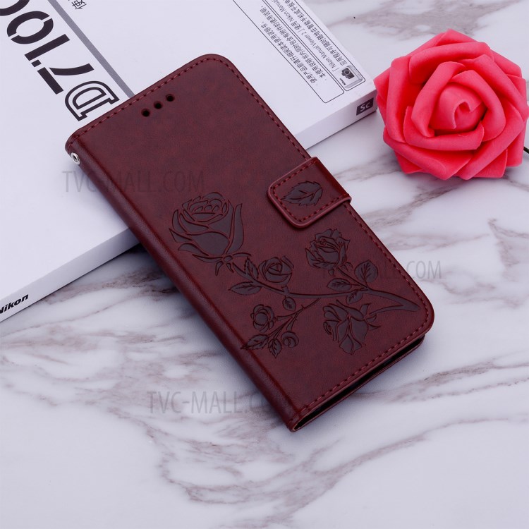 Imprint Rose Flower PU Leather Wallet Phone Shell for Samsung Galaxy A81/Note 10 Lite - Brown-8