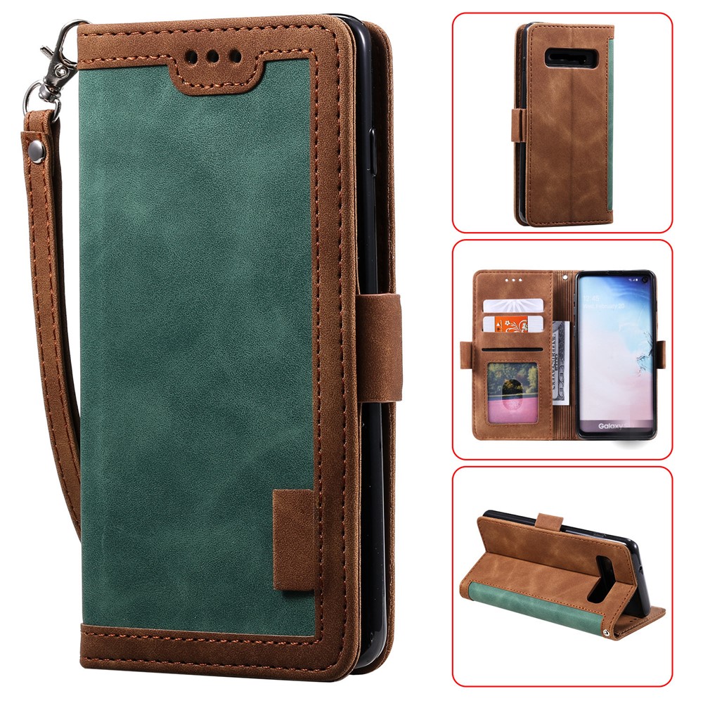 Retro Splicing Leather Wallet Phone Case for Samsung Galaxy S10 Plus - Green