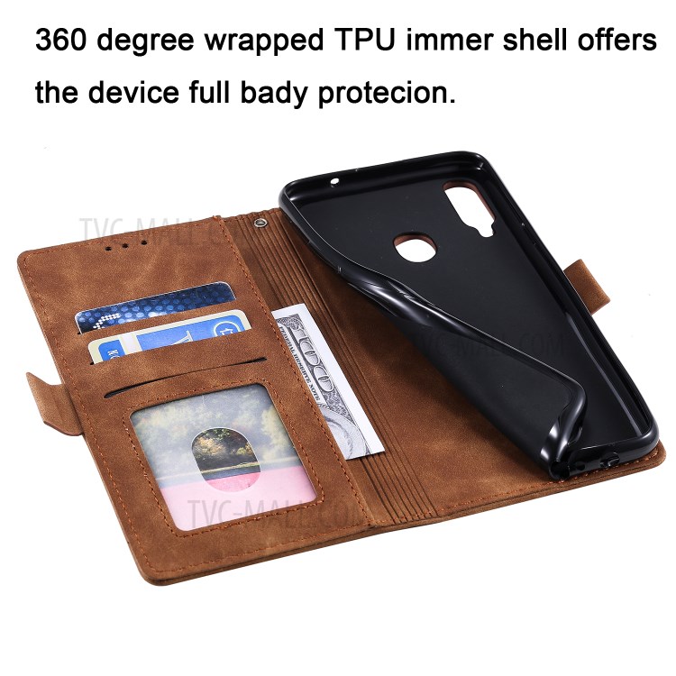 Vintage Splicing Style Wallet Stand Leather Flip Phone Case for Samsung Galaxy A20s - Grey-12
