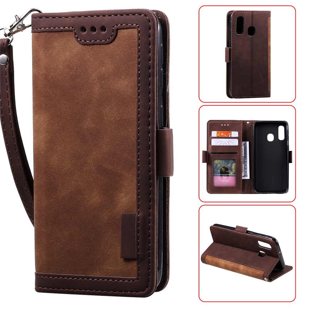 Vintage Splicing Style Wallet Stand Leather Flip Phone Shell for Samsung Galaxy A20e  - Brown-1