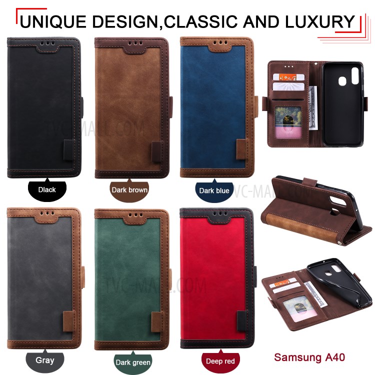 Vintage Splicing Style Wallet Stand Leather Shell Protective Case for Samsung Galaxy A40 - Brown-13