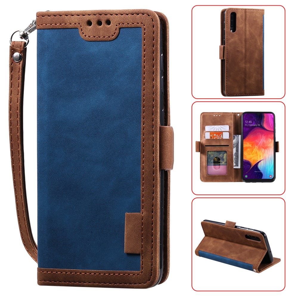 Vintage Splicing Style Wallet Stand Leather Flip Phone Cover for Samsung Galaxy A70  - Blue