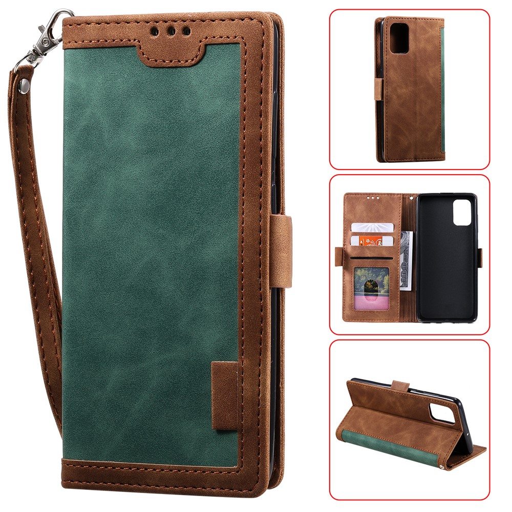 Couro Splicing Caso Estande Carteira Estilo Retro Para Samsung Galaxy A41 - Verde Escuro-1