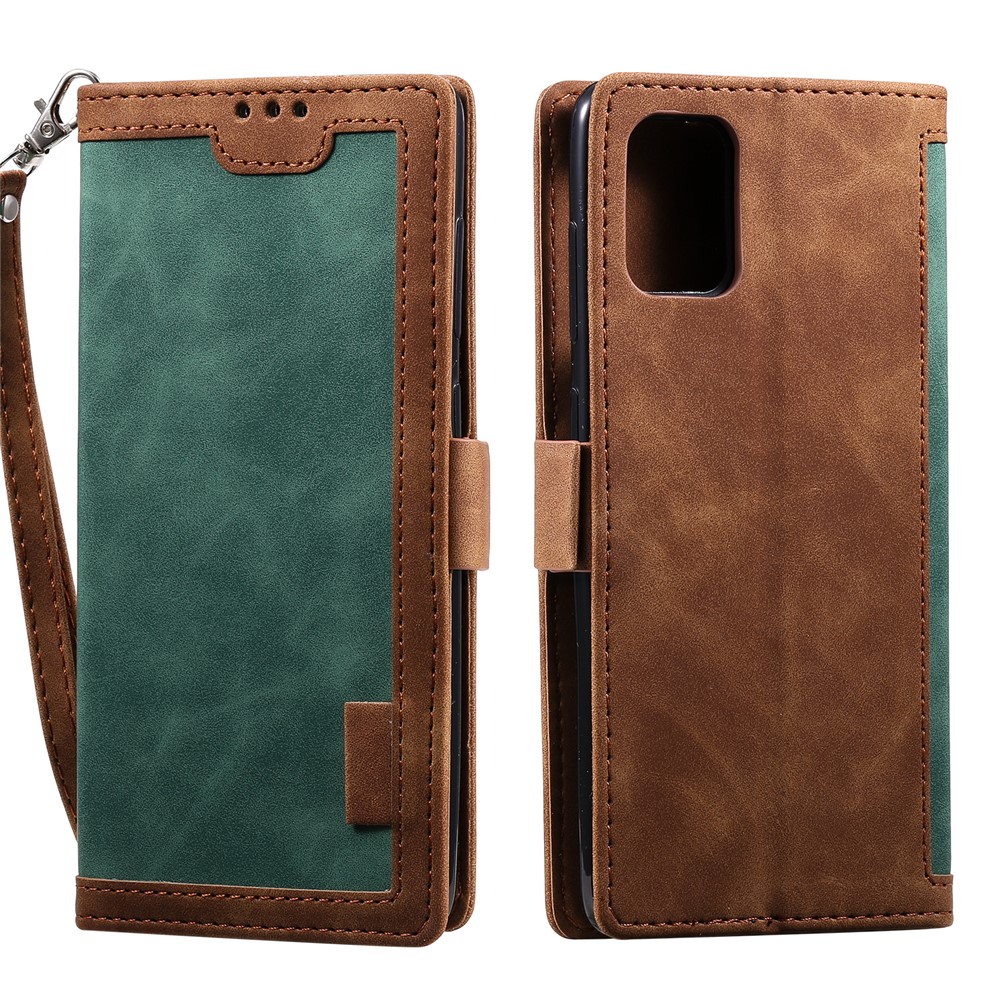 Couro Splicing Caso Estande Carteira Estilo Retro Para Samsung Galaxy A41 - Verde Escuro-2