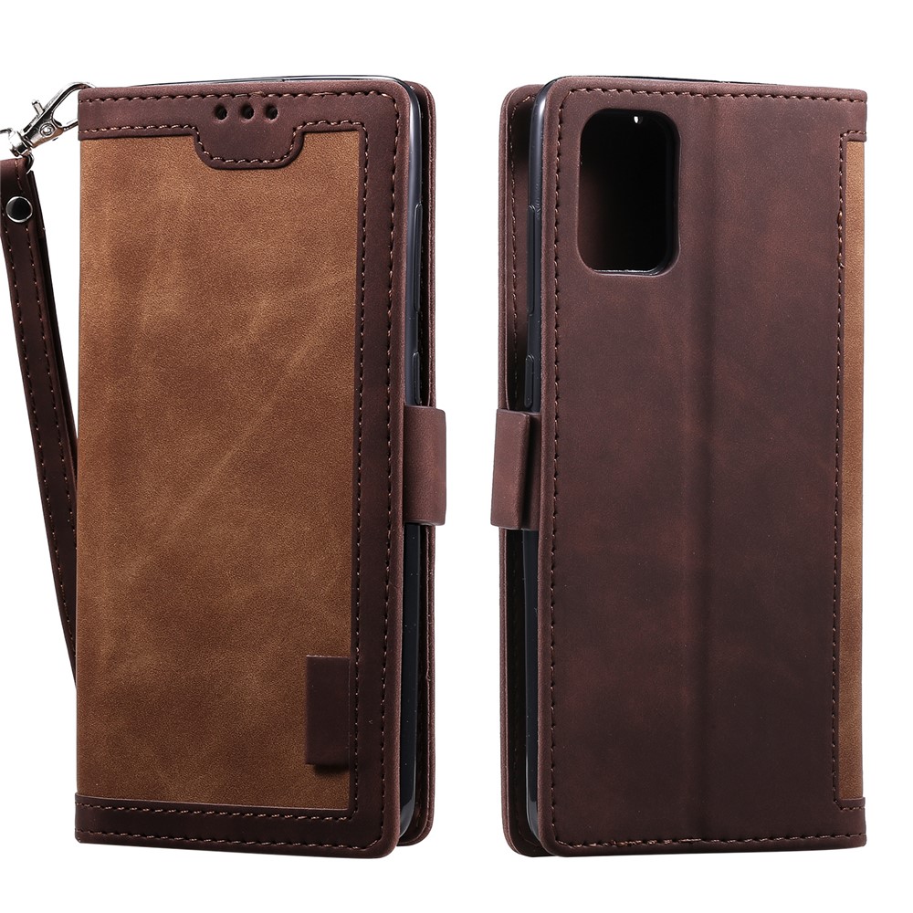 Couro Splicing Caso Estande Carteira Estilo Retro Para Samsung Galaxy A41 - Marrom Escuro-2