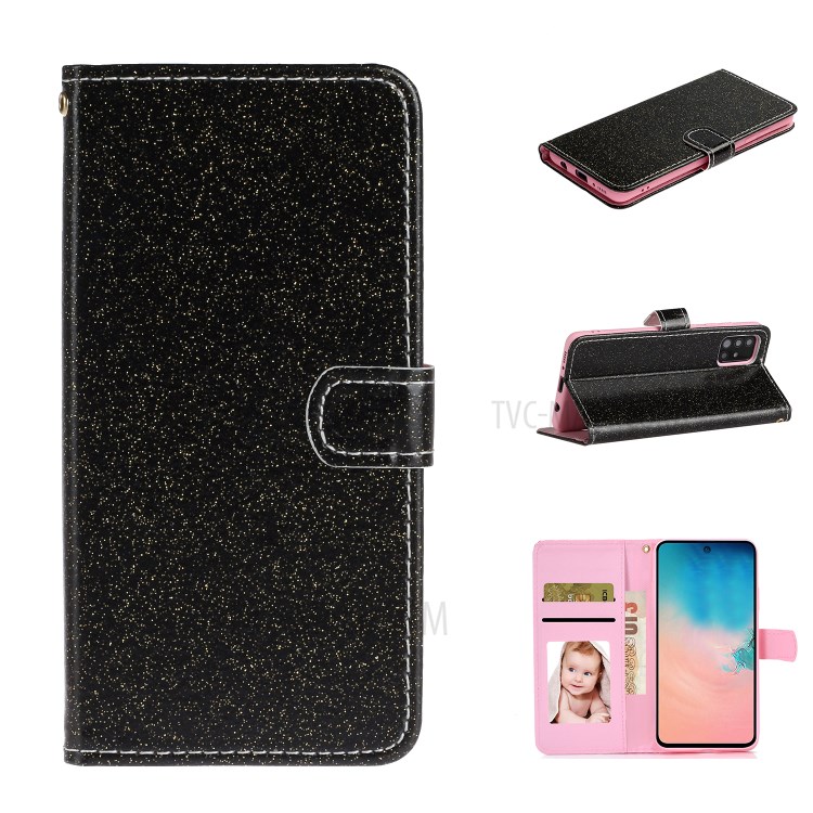 Wallet Flash Pó Ficar PU Tampa Do Telefone De Couro Para Samsung Galaxy A71 - Preto-1
